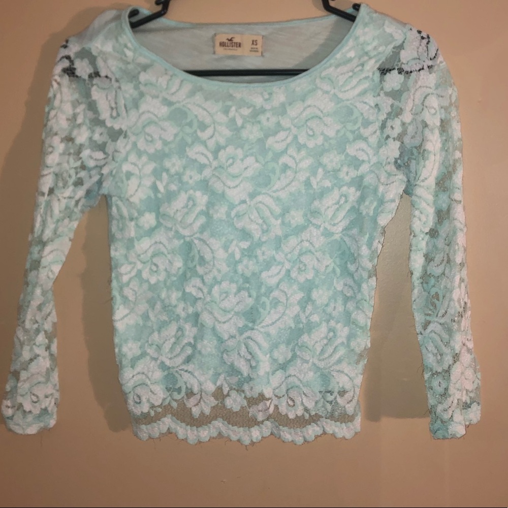 hollister white and light teal lace crop top shirt